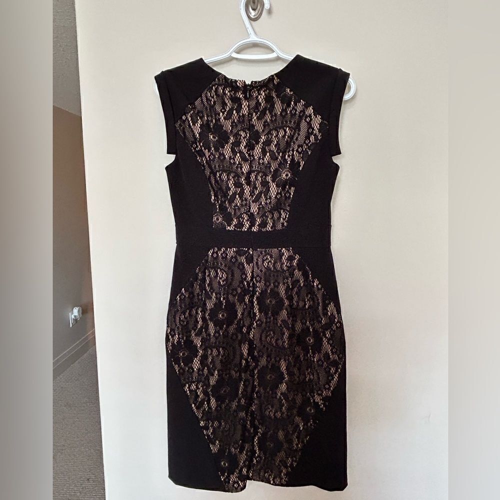 Adrianna Papell Lace Nude and Deco Floral  Black Midi Dress